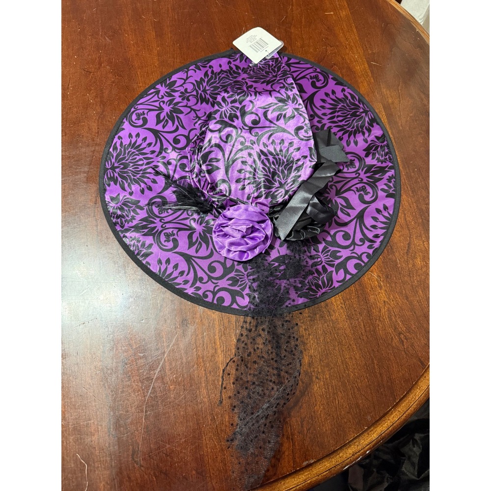 Purple Black Damask Witch Hat Costume Accessory Rose Veil Feather Halloween